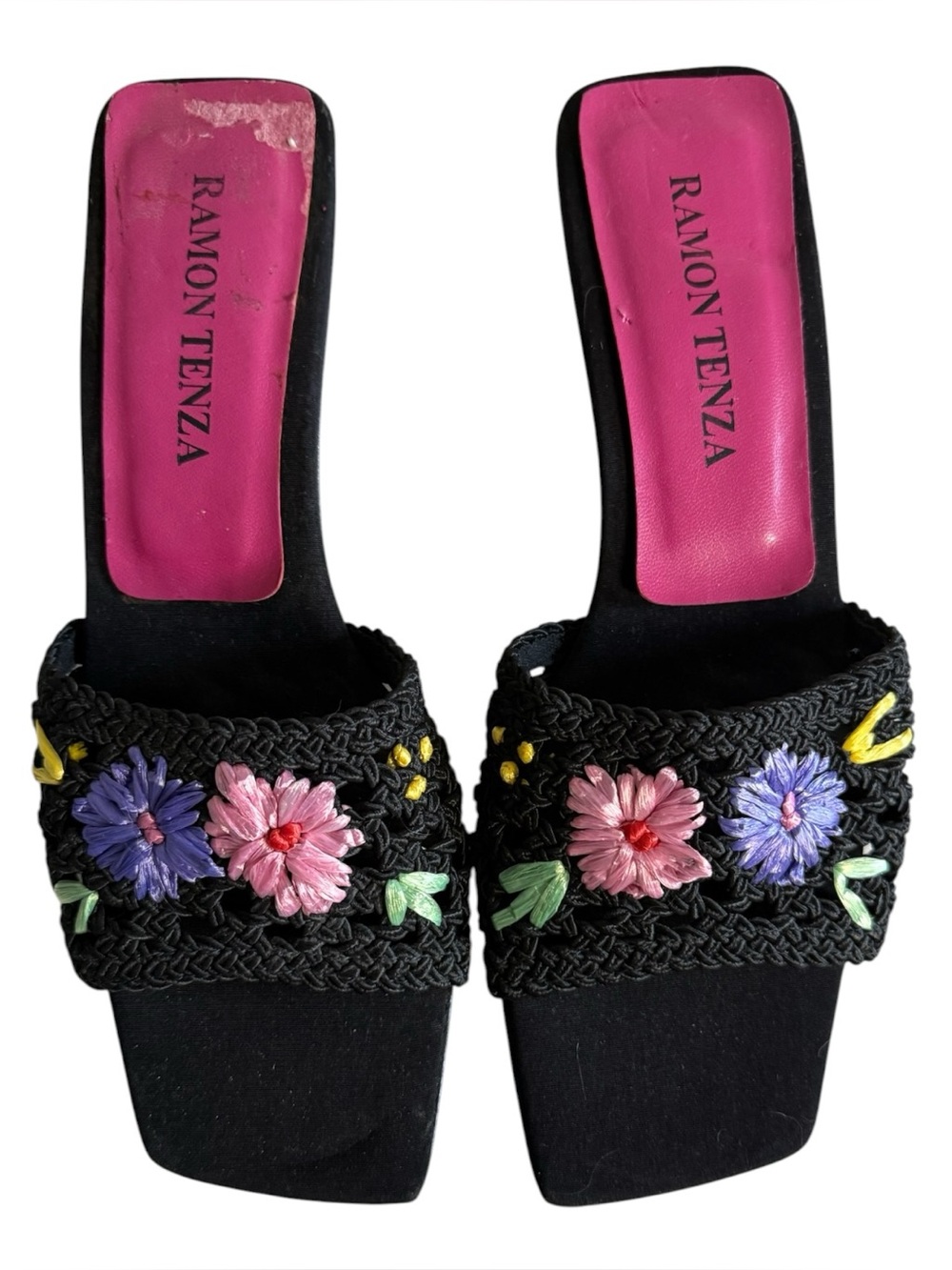 Vintage Ramon Tenza mule sandals vibrant floral embroidery Black Size 7.5